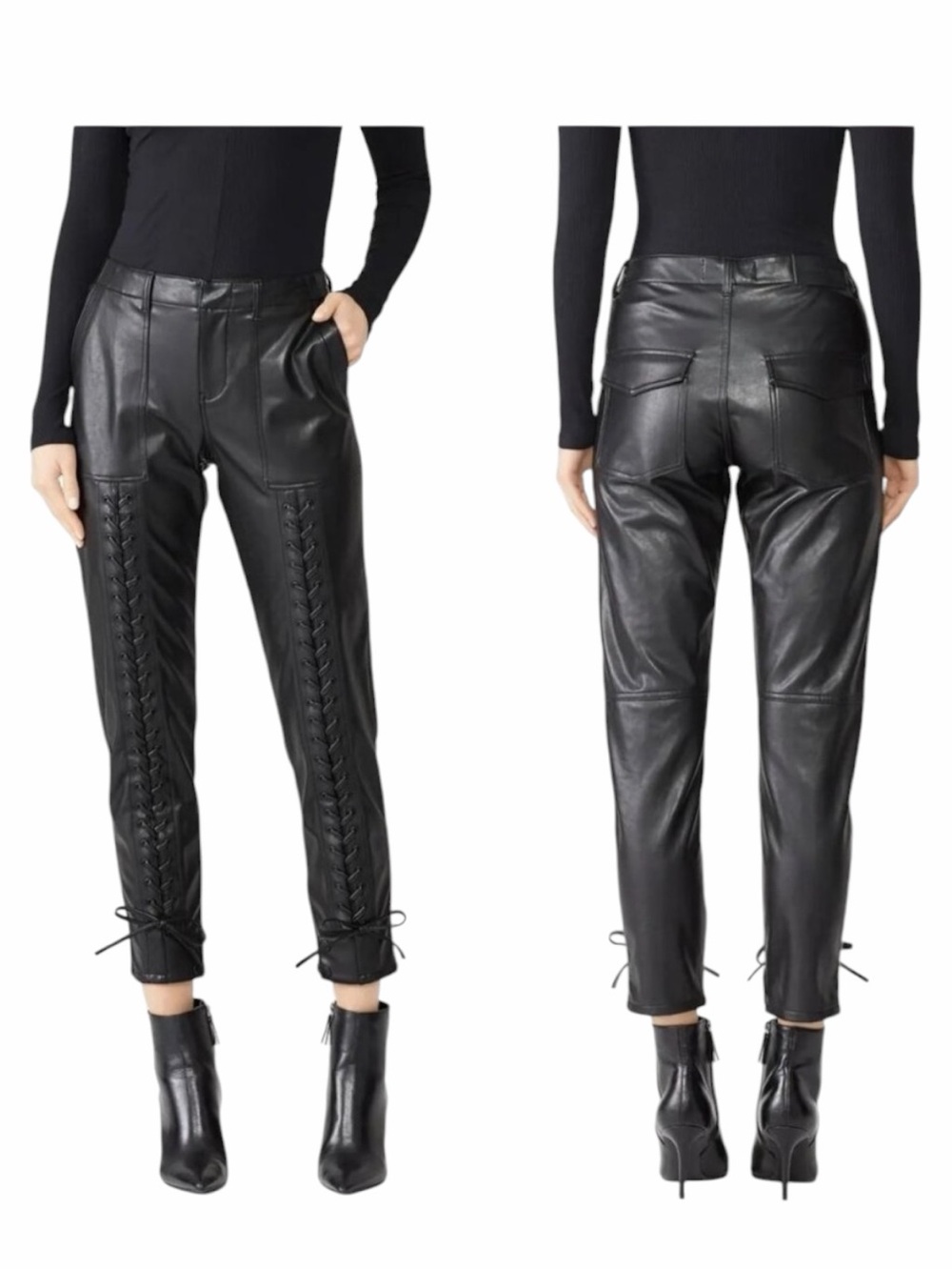 The Kooples Jeans Women XS Black Faux Leather Effect Lace Up Pants‎ Gothic Moto